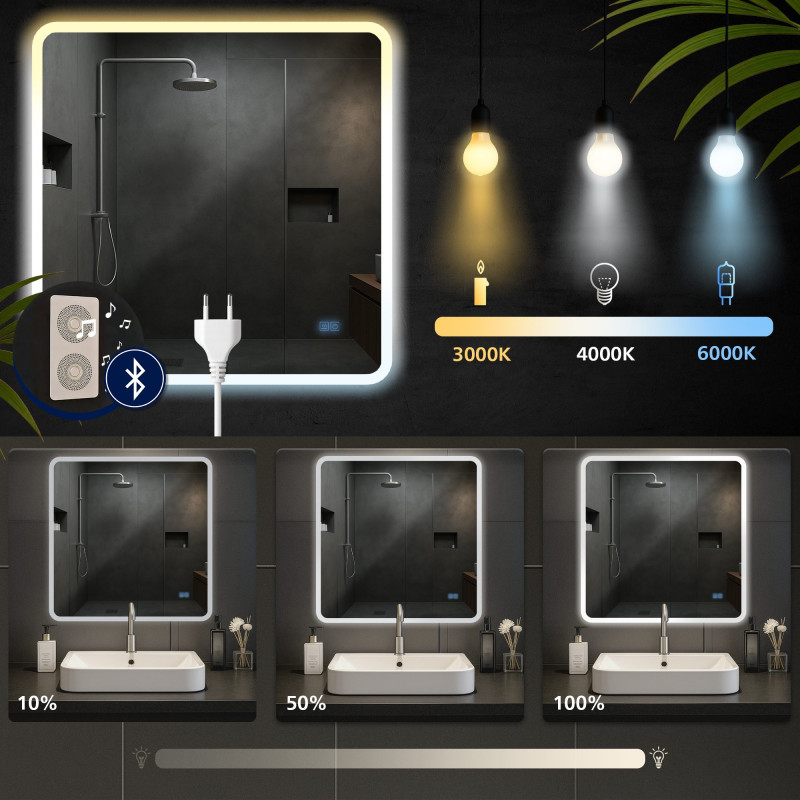 Specchio da bagno Jericho 80x80 con Bluetooth e vetro trasparente
