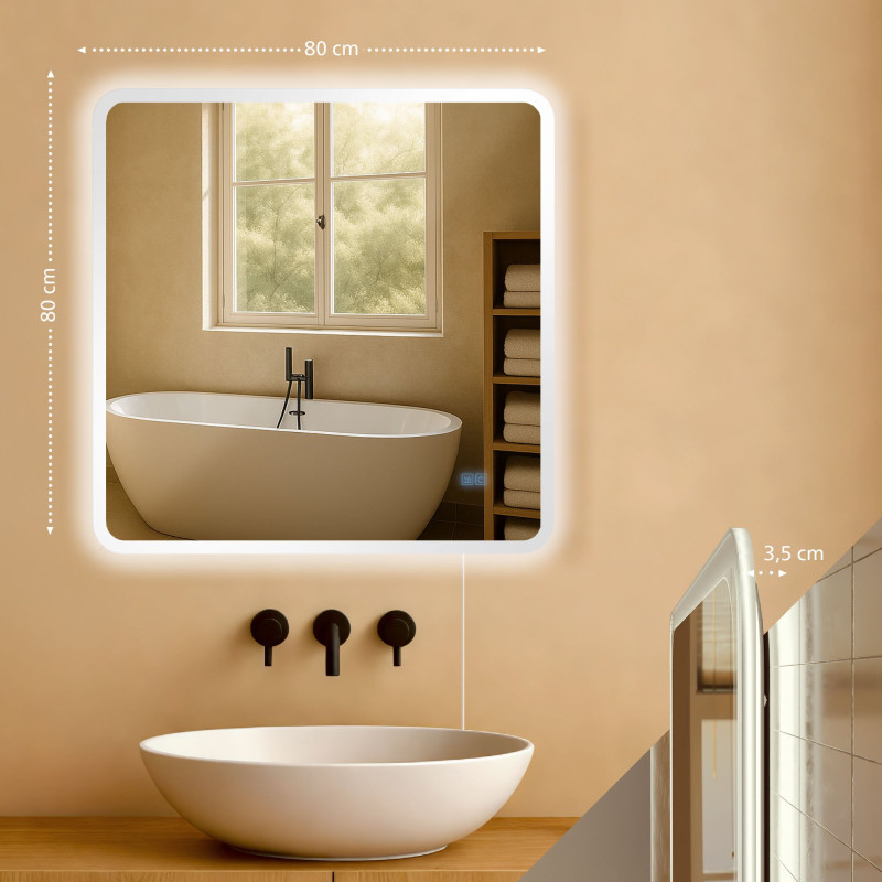 Miroir de salle de bain Jericho 80x80 sans Bluetooth, verre transparent