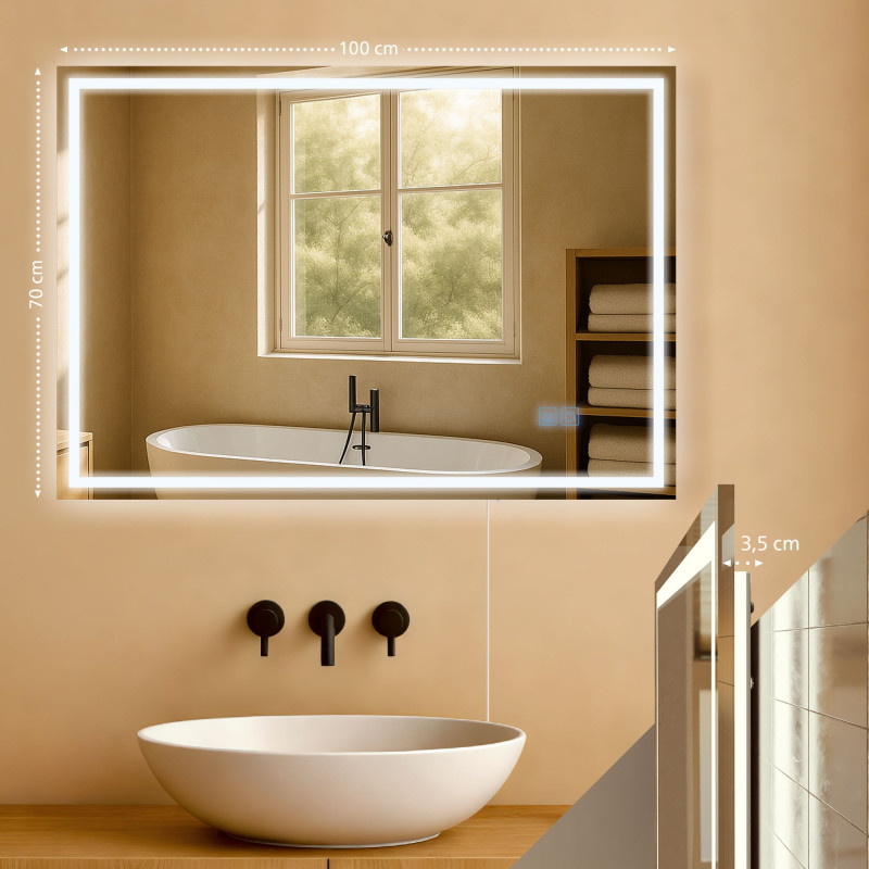 Miroir de salle de bain Jaffrey 70x100 sans Bluetooth, verre transparent