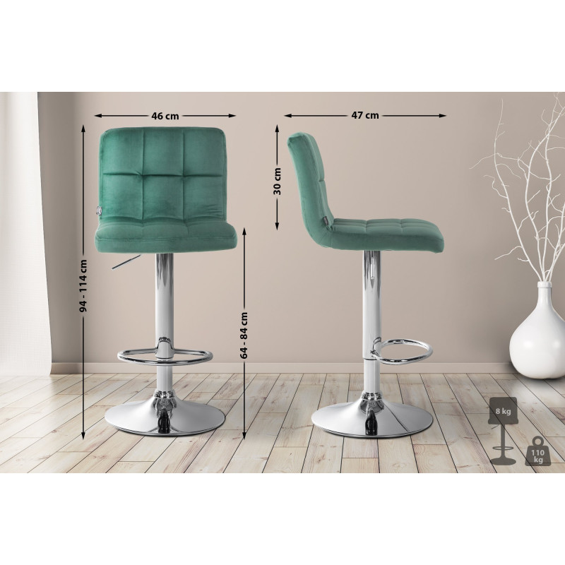 Tabouret de bar Peru, velours, chrome vert