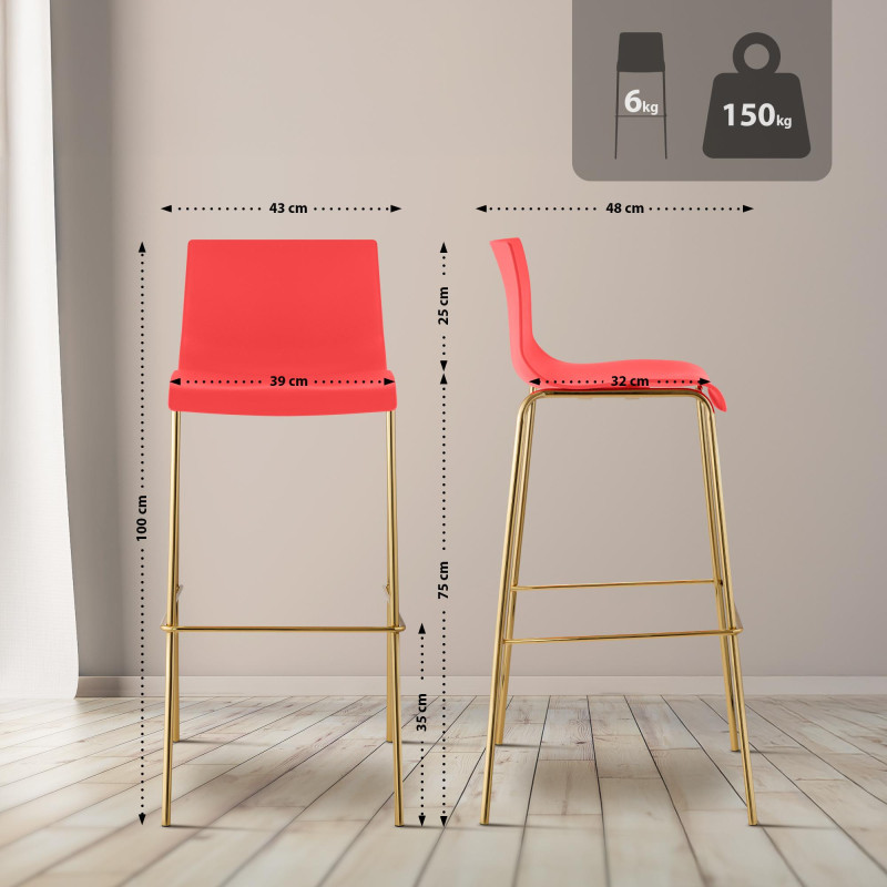 Lot de 2 tabourets de bar Hoover, en plastique, à 4 pieds, dorés rouge