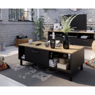 Ensemble Meuble TV+Table basse OXFORD - Style industriel - MÈlaminÈ chene noir - Table Basse: L110xP55xH40 - Meuble Tv: L159xP40