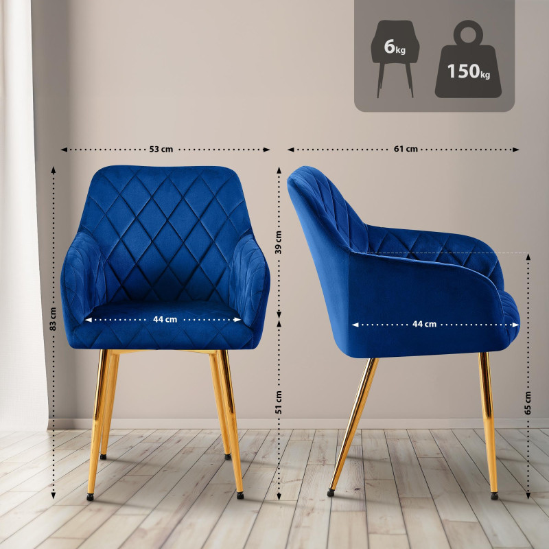 Ensemble de 2 chaises de salle à manger Monett, velours, bleu foncé