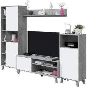 Ensemble meuble TV modulable Zoe : Meuble TV + 2 Vitrines - Ouverture PUSH - MÈlamine - DÈcor Blanc et ciment - L260 x P33 x H18