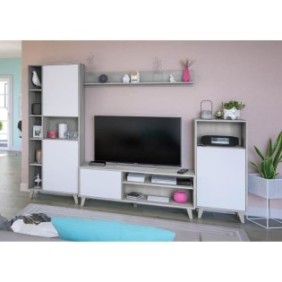 Ensemble meuble TV modulable Zoe : Meuble TV + 2 Vitrines - Ouverture PUSH - MÈlamine - DÈcor Blanc et ciment - L260 x P33 x H18