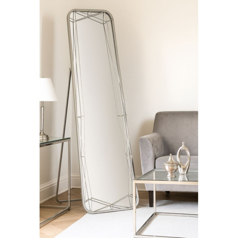 Miroir sur pied argenté – miroir glamour – 46 x 2 x 54 x 153 cm (miroir 43 x 150 cm)