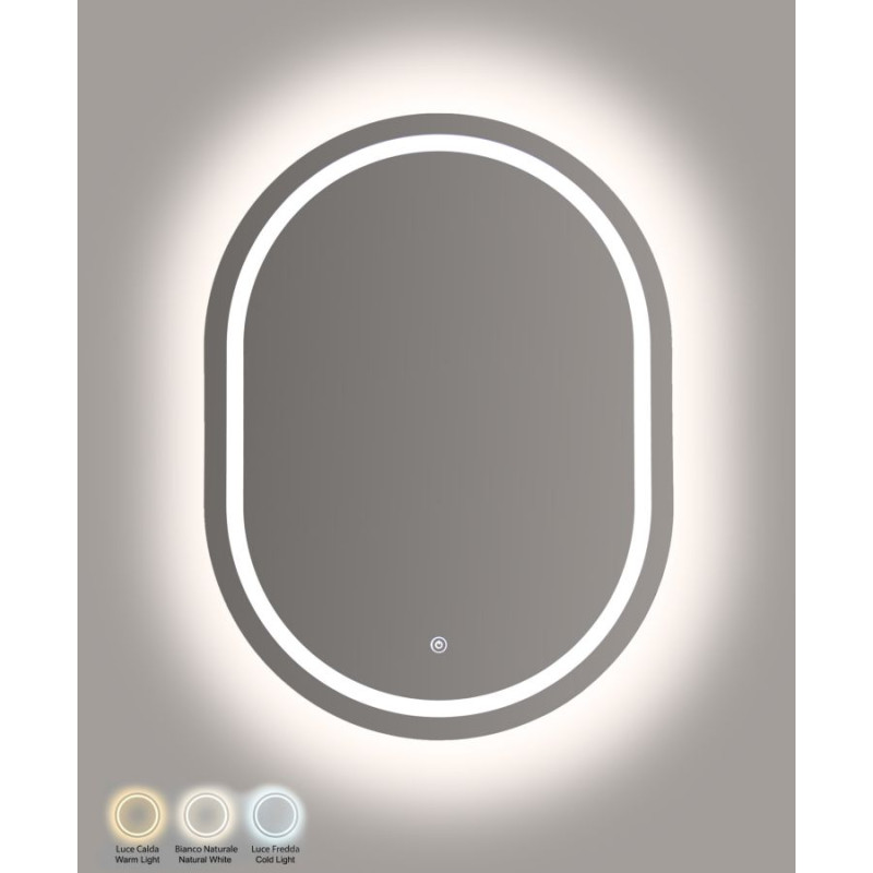 Miroir mural LED ovale – miroir lumineux contemporain – 60 x 3,5 x 80 cm (3 couleurs)