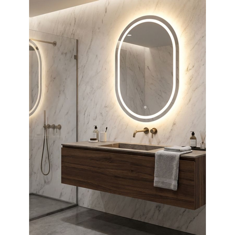Miroir mural LED ovale – miroir lumineux contemporain – 60 x 3,5 x 80 cm (3 couleurs)