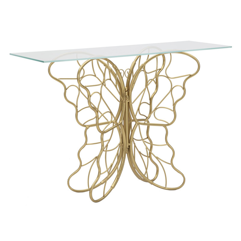 Console Papillon – Métal doré et plateau verre 110x40x76 cm