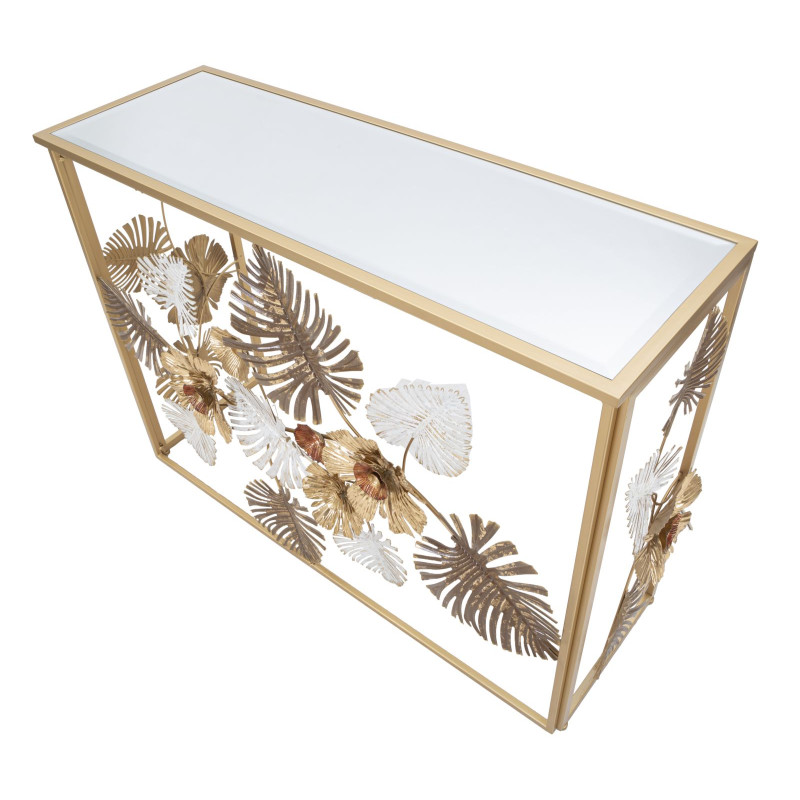 Console Glam Floris – Métal doré et plateau miroir multicolore 113x40x80 cm