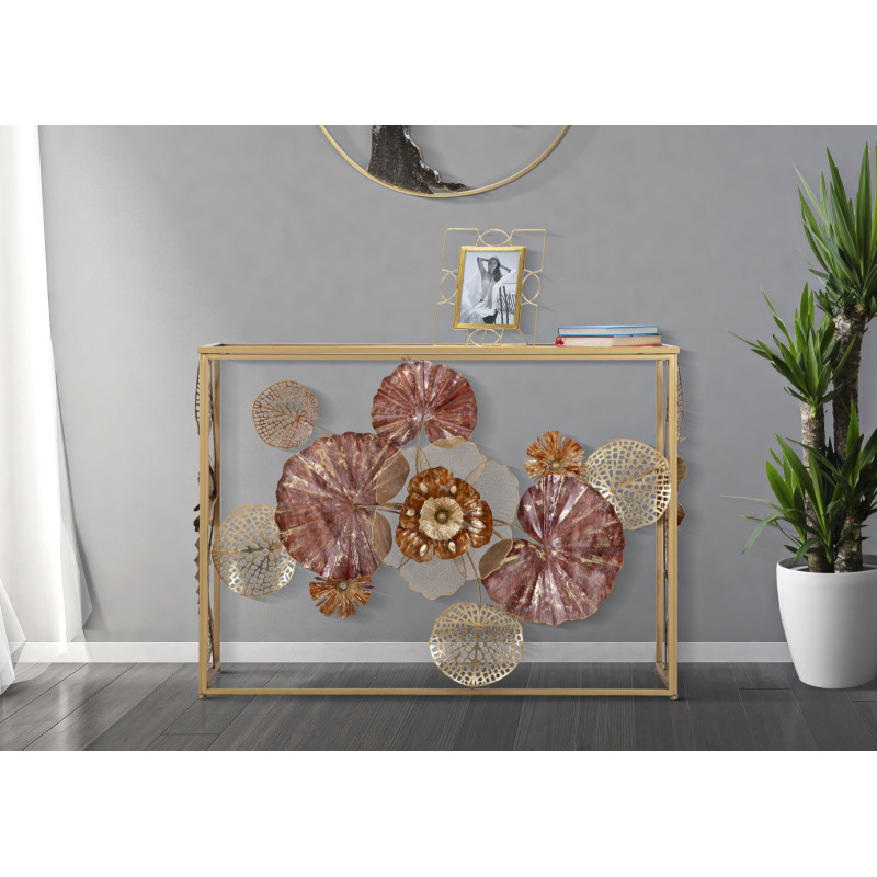 Console Glam Red – Métal doré et plateau miroir multicolore 114x41,5x80 cm