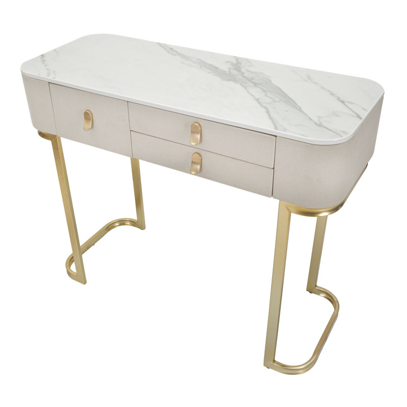 Console 3 tiroirs Beauty – Bois de pin, MDF et métal crème et or 100x40x80 cm