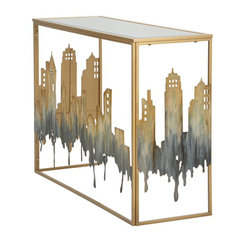 Console City – Métal doré, MDF et verre multicolore 110x38,5x81 cm