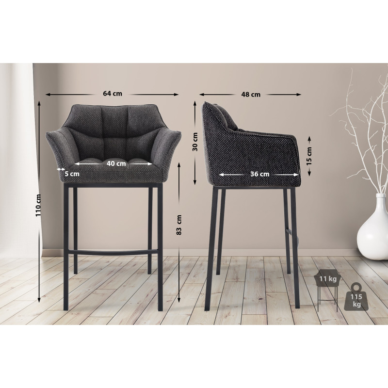 Tabouret de bar Damaso B en tissu avec structure à 4 pieds gris titane