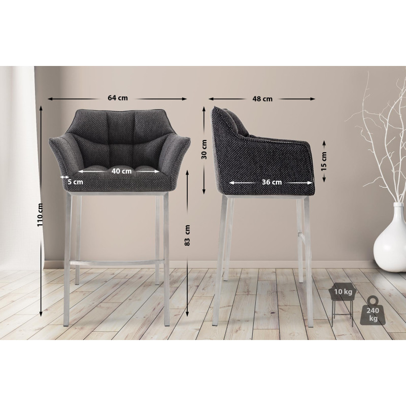 Tabouret de bar Damaso E en tissu avec piètement à 4 pieds gris titane