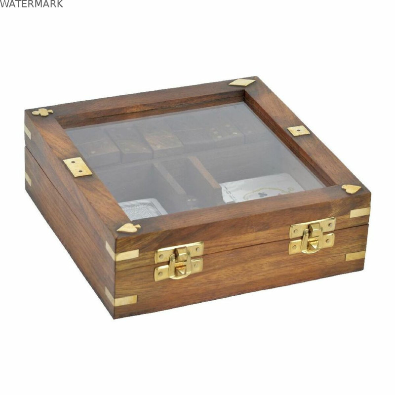 Jeu de société DKD Home Decor Sheesham 17 x 17 x 5,5 cm Doré Marron 4 Pièces