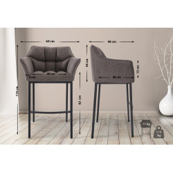 Tabouret de bar Damaso B en tissu avec structure à 4 pieds gris