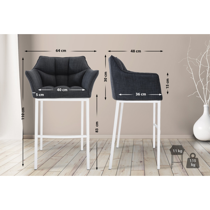 Tabouret de bar Damaso W en tissu avec structure à 4 pieds gris foncé