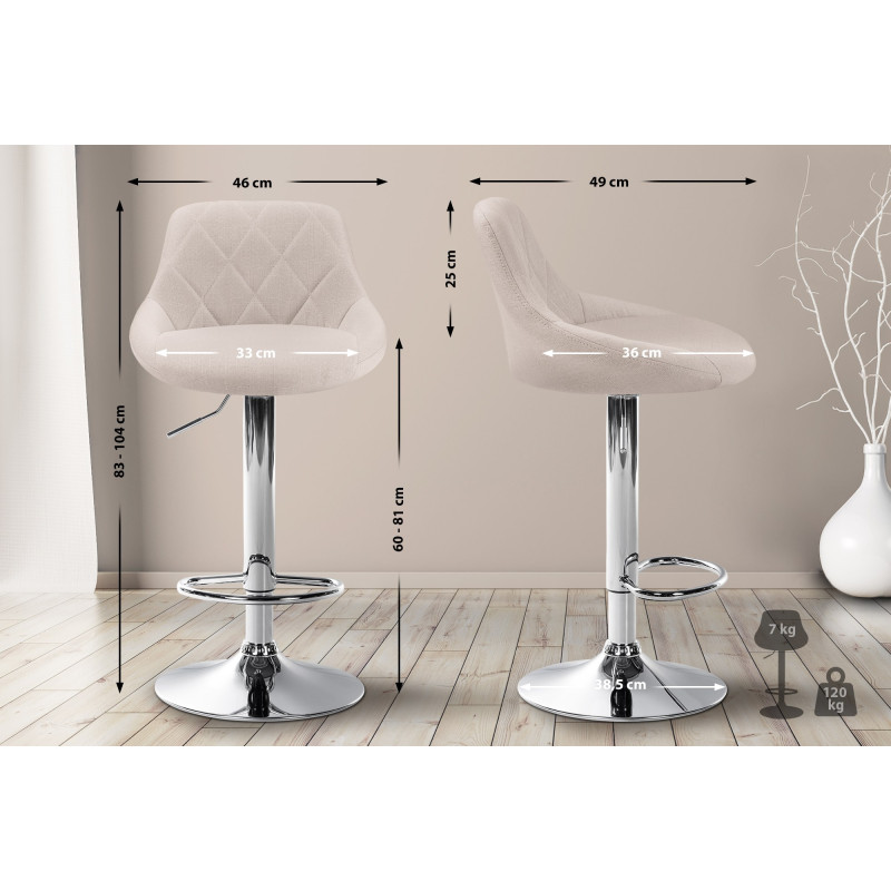 Tabouret de bar Lazio, tissu, chrome crème