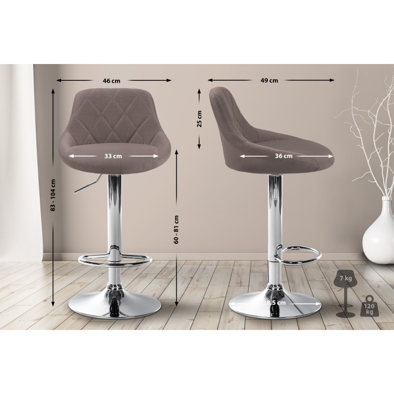 Tabouret de bar Lazio, tissu, chrome taupe