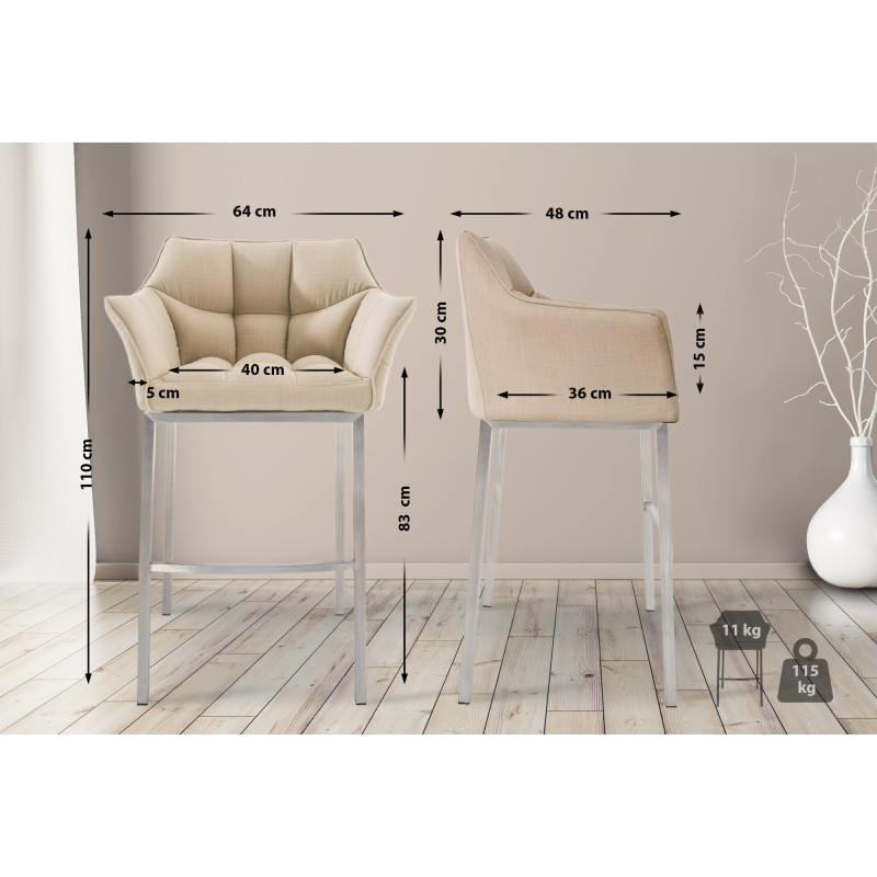 Tabouret de bar en tissu Damaso E avec structure à 4 pieds crème