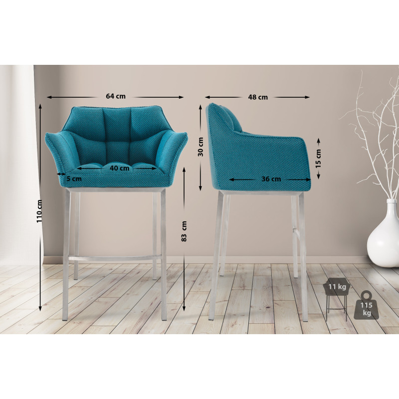 Tabouret de bar en tissu Damaso E avec structure à 4 pieds turquoise