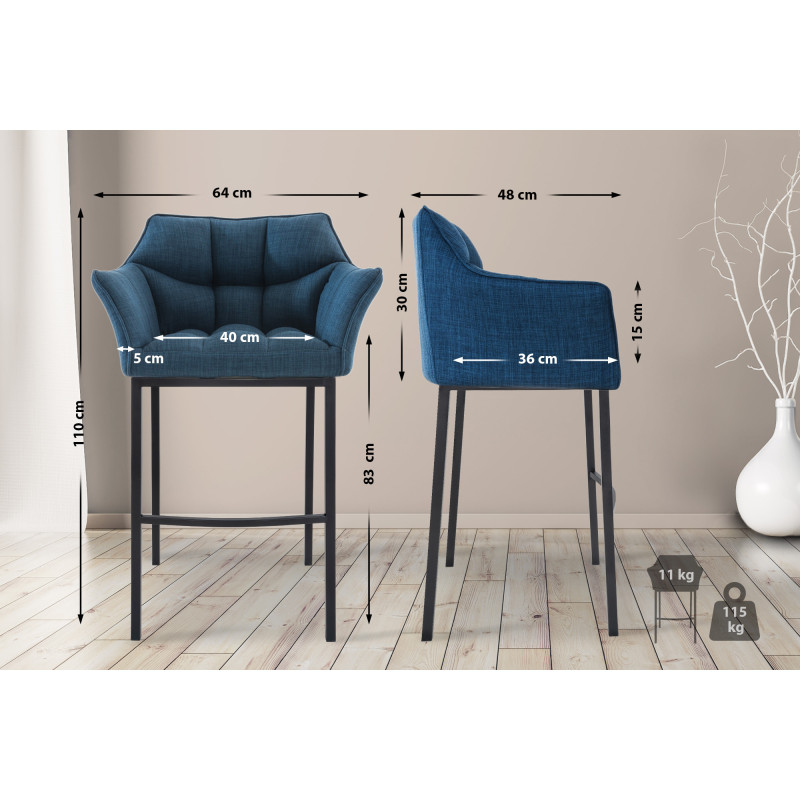 Tabouret de bar Damaso B en tissu avec structure à 4 pieds bleu