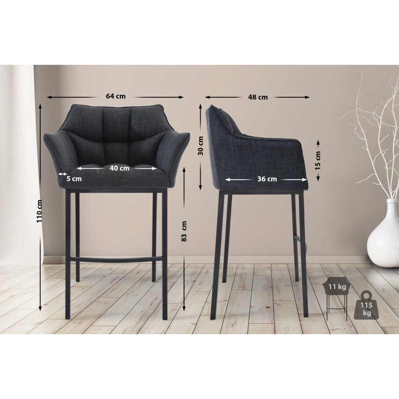 Tabouret de bar Damaso B en tissu avec structure à 4 pieds gris foncé