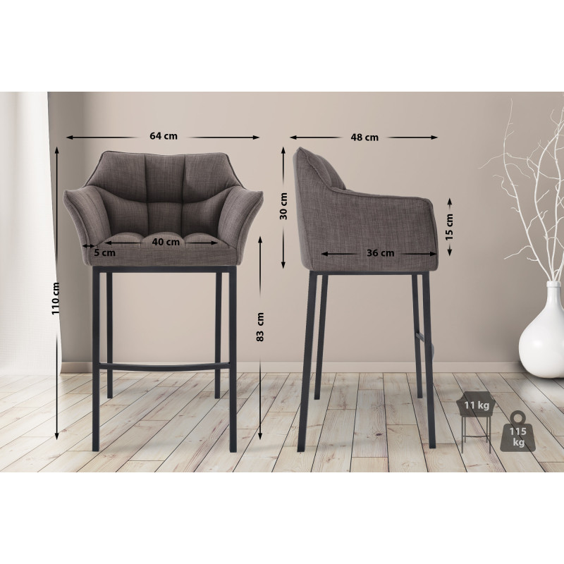 Tabouret de bar Damaso B en tissu avec structure à 4 pieds gris