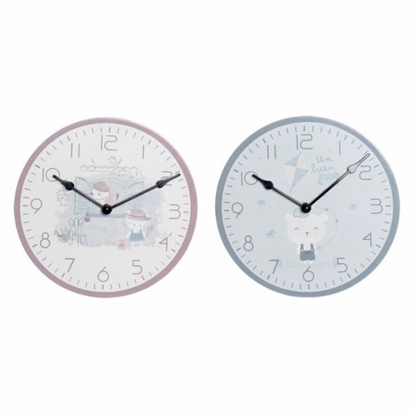 Horloge Murale DKD Home Decor Bleu Rose Bois Métal Plastique Bois MDF Enfant Oiseau 24 x 3 x 24 cm (2 Unités)