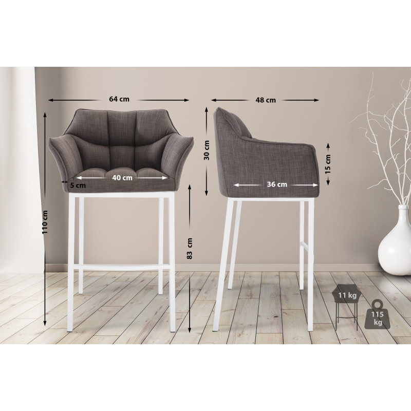 Tabouret de bar Damaso W en tissu avec structure à 4 pieds gris