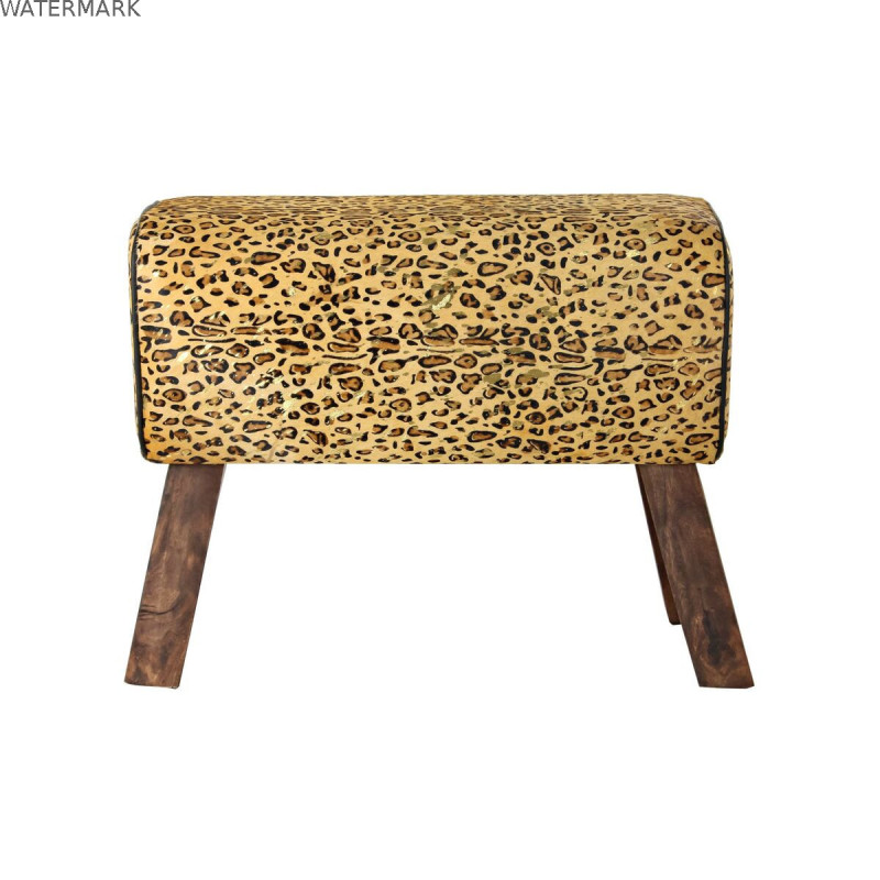 Repose-pied DKD Home Decor Noir Bois Marron Cuir Léopard (67 x 30 x 51 cm)