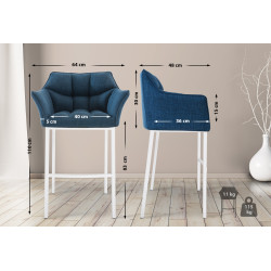 Tabouret de bar en tissu Damaso avec structure à 4 pieds blanc bleu
