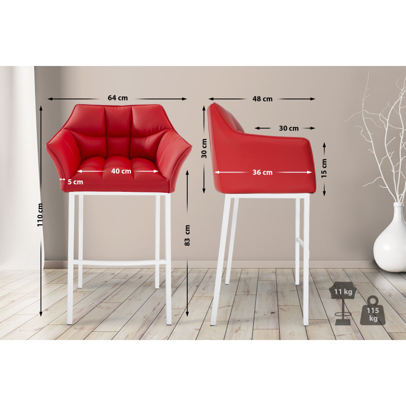 Tabouret de bar Damaso avec structure à 4 pieds blanc rouge