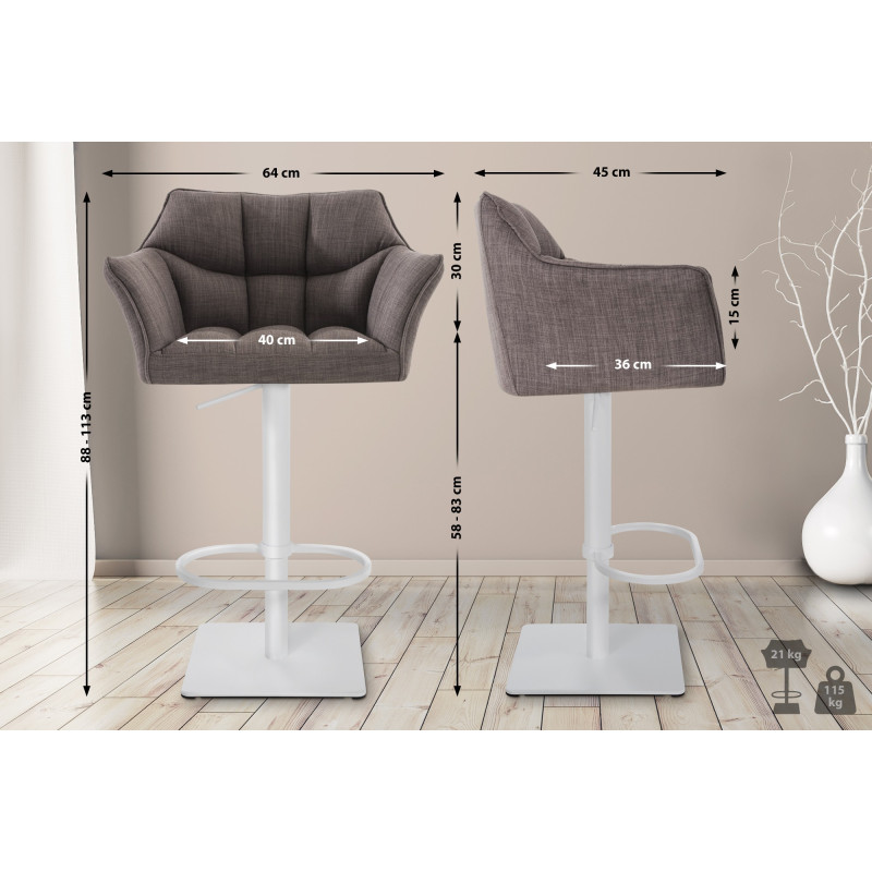 Lot de 2 tabourets de bar en tissu Damaso blanc gris