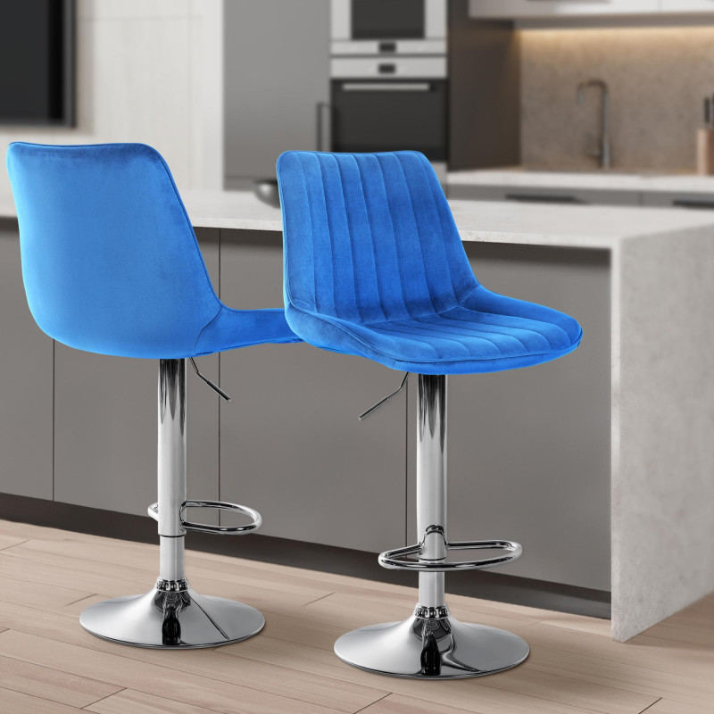 Tabouret de bar Toni velours chrome bleu