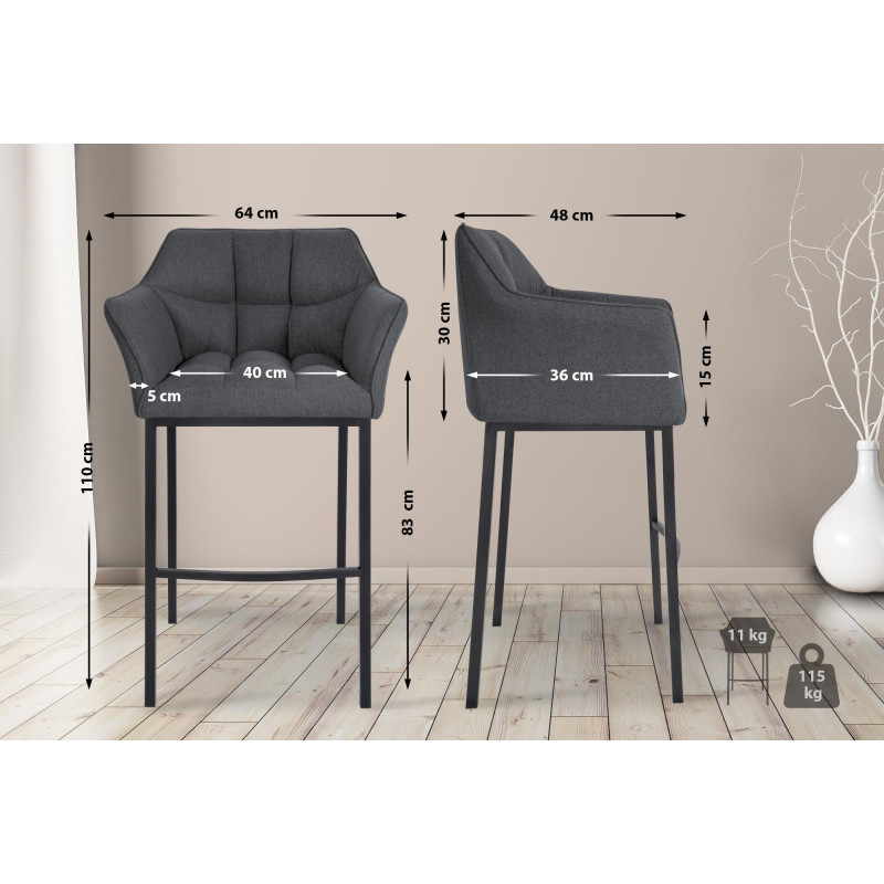 Tabouret de bar Damaso B en feutre avec structure à 4 pieds gris