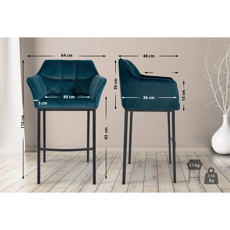 Tabouret de bar Damaso B en velours avec structure à 4 pieds vert