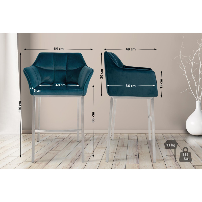 Tabouret de bar en velours Damaso E avec structure à 4 pieds, vert