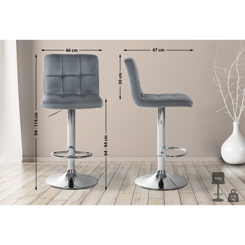 Tabouret de bar Pérou velours chrome gris foncé