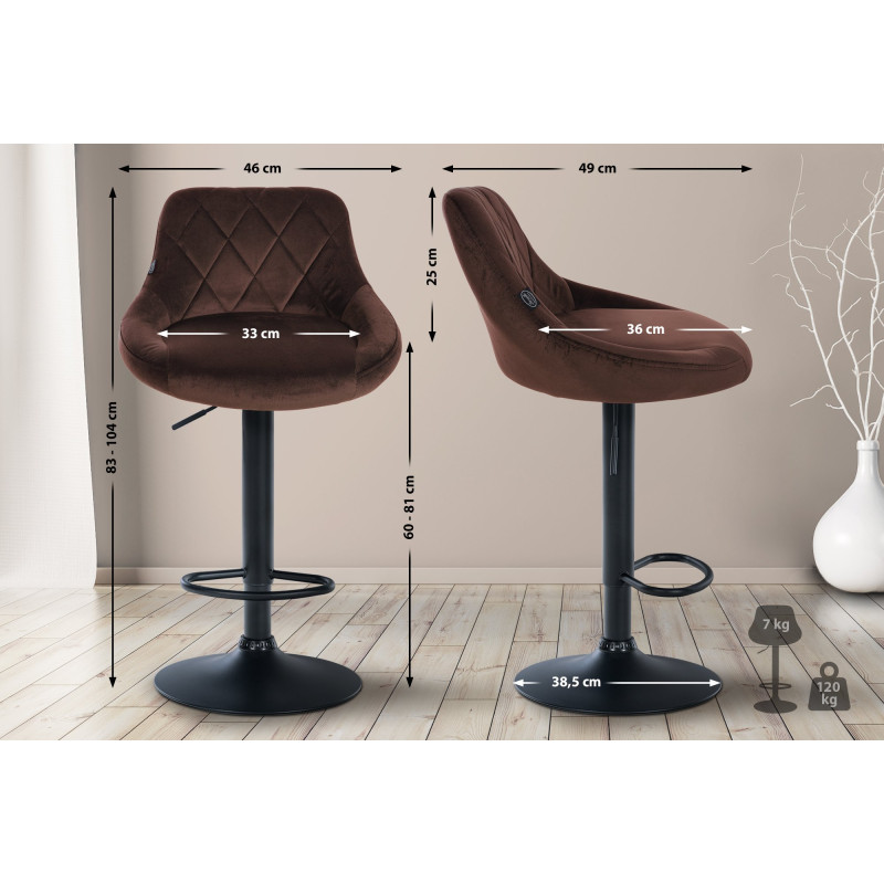 Tabouret de bar Lazio velours noir marron