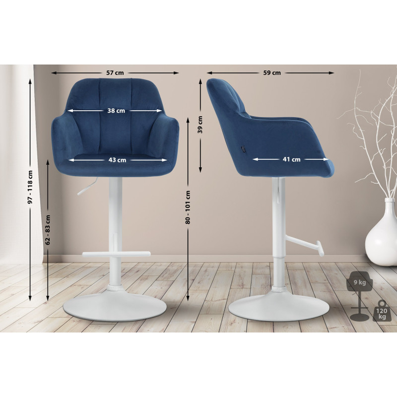 Tabouret de bar Natoma velours blanc bleu