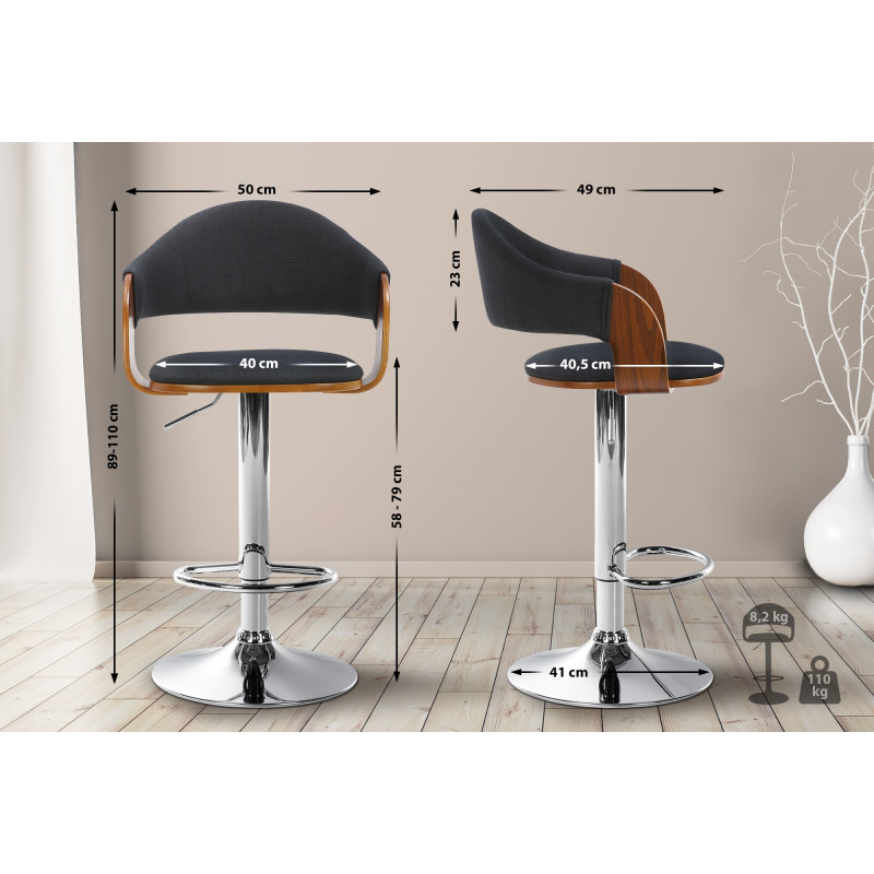 Tabouret de bar Nilse en tissu chromé noyer/noir