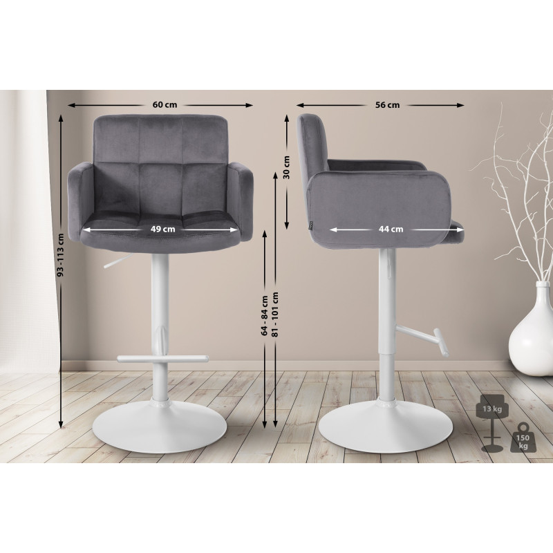 Tabouret de bar Los Angeles velours blanc gris foncé