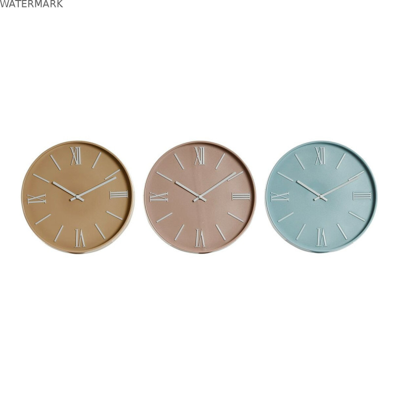 Horloge Murale Home ESPRIT Bleu Rose Moutarde PVC 30 x 4 x 30 cm (3 Unités)