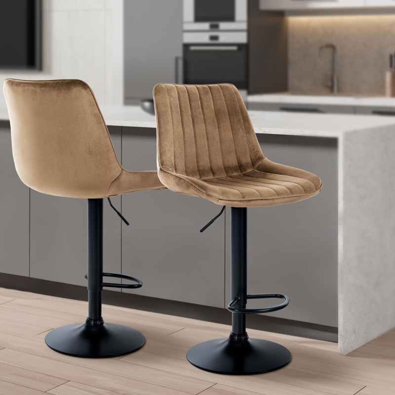 Lot de 2 tabourets de bar Toni velours noir marron