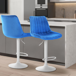 Lot de 2 tabourets de bar Toni velours blanc bleu