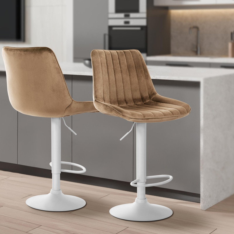 Lot de 2 tabourets de bar Toni velours blanc marron