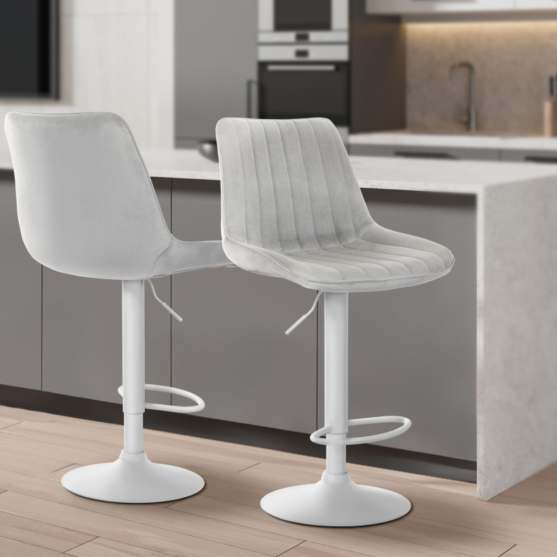 Lot de 2 tabourets de bar Toni velours blanc gris