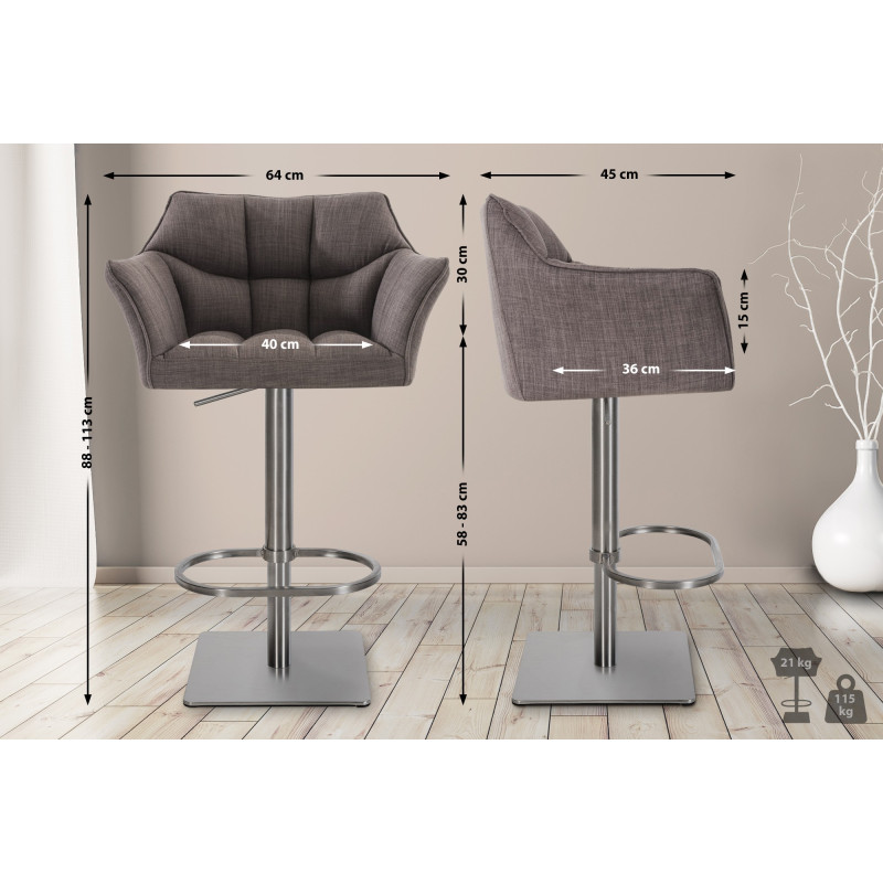 Ensemble de 2 tabourets de bar en tissu Damaso et acier inoxydable gris